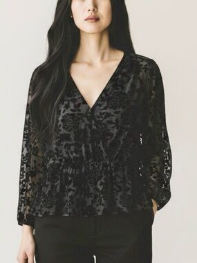 Halogen Black Velvet Burnout V-Neck Peplum Blouse, semi sheer blouse size small